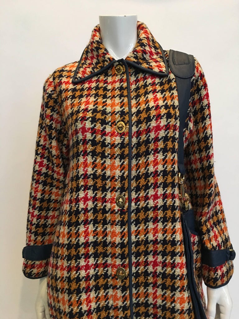 Bonnie Cashin 1960's Wool Plaid A Line Coat with Navy Blue Leather Trim
