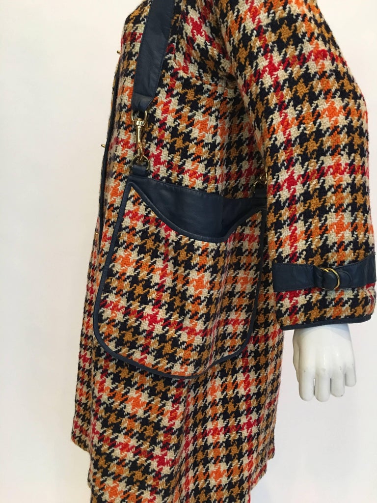 Bonnie Cashin 1960's Wool Plaid A Line Coat with Navy Blue Leather Trim