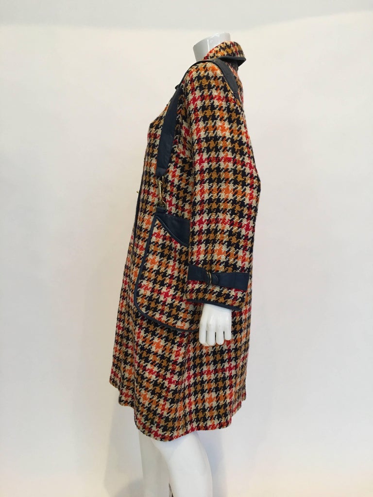 Bonnie Cashin 1960's Wool Plaid A Line Coat with Navy Blue Leather Trim