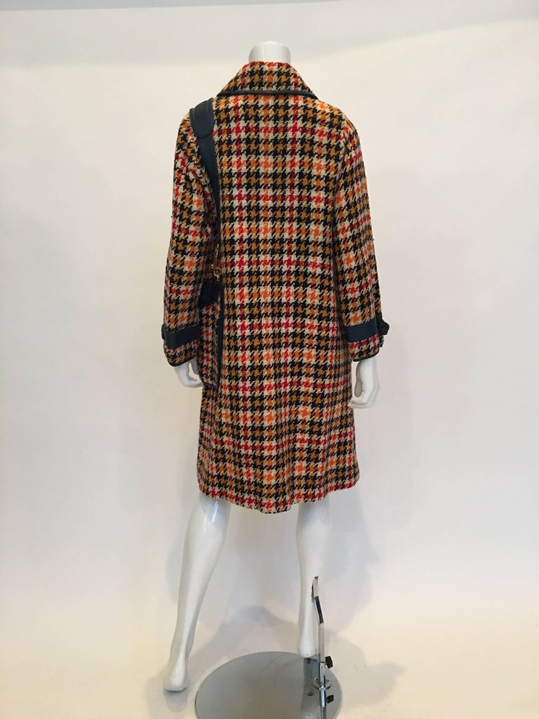 Bonnie Cashin 1960's Wool Plaid A Line Coat with Navy Blue Leather Trim