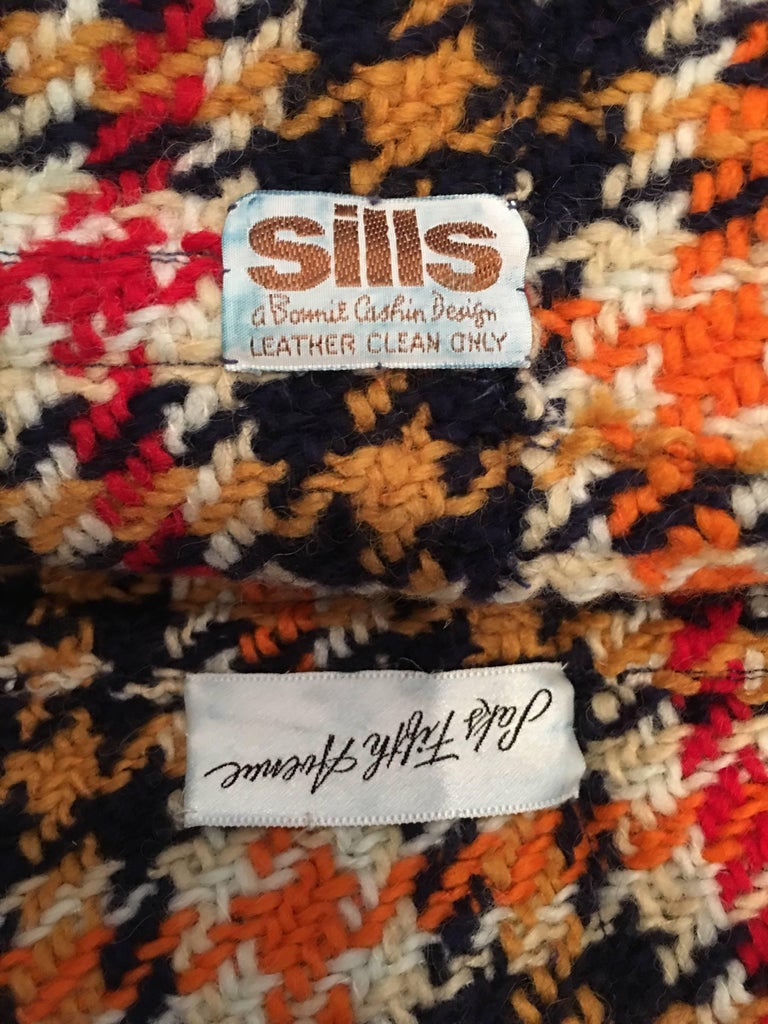 Bonnie Cashin 1960's Wool Plaid A Line Coat with Navy Blue Leather Trim