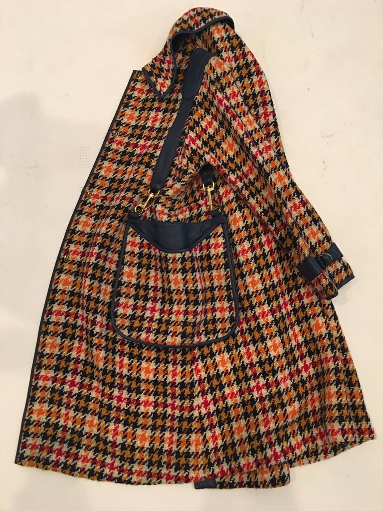 Bonnie Cashin 1960's Wool Plaid A Line Coat with Navy Blue Leather Trim