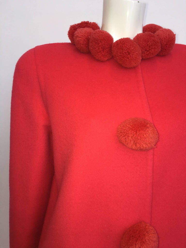 Bill Blass 1980's Pink Coral Pom Pom Wool Coat