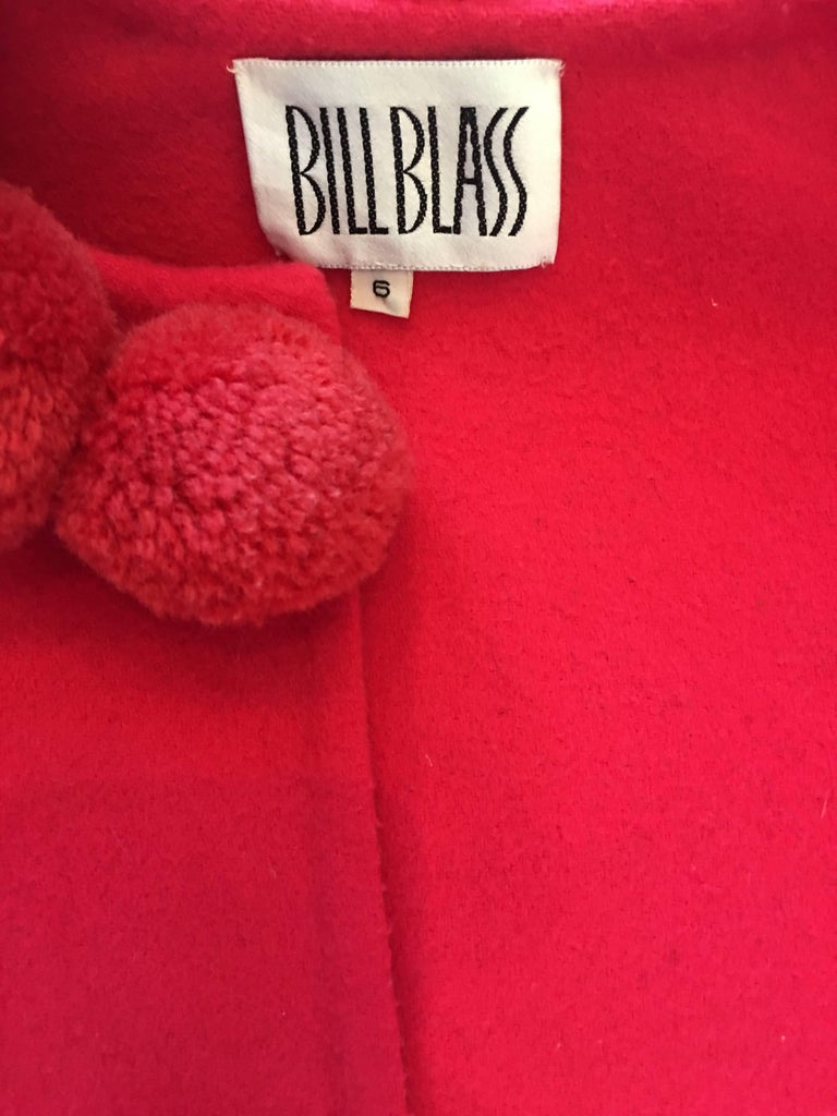 Bill Blass 1980's Pink Coral Pom Pom Wool Coat