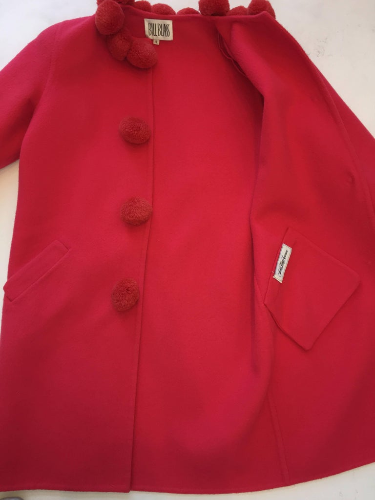 Bill Blass 1980's Pink Coral Pom Pom Wool Coat