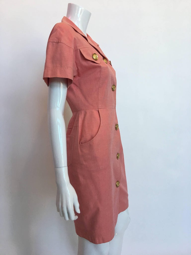 Bill Blass 1990's Salmon Pink Button Up Uniform Suit Dress