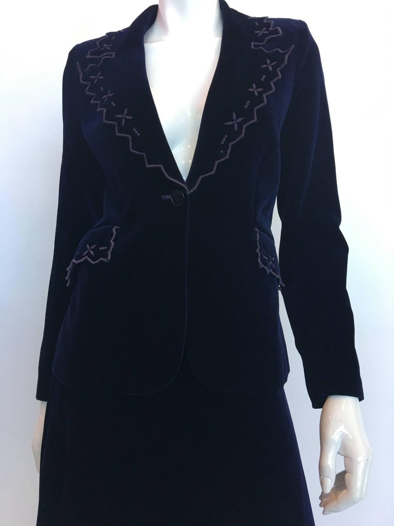 Stephen Marks Selfridges 1970's Navy Blue Embroidered Cotton Velvet Skirt Suit
