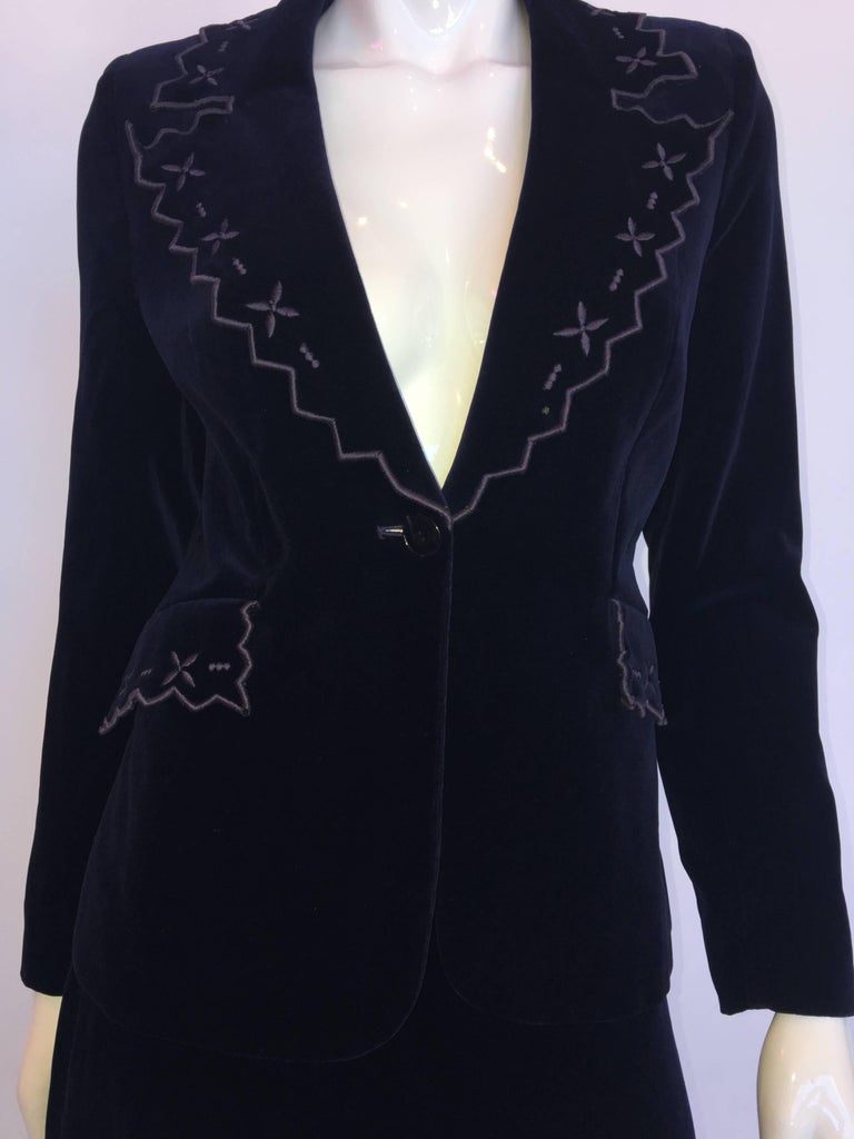 Stephen Marks Selfridges 1970's Navy Blue Embroidered Cotton Velvet Skirt Suit