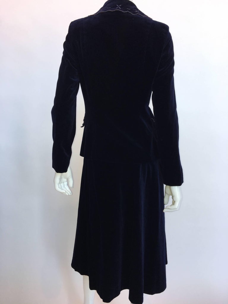 Stephen Marks Selfridges 1970's Navy Blue Embroidered Cotton Velvet Skirt Suit