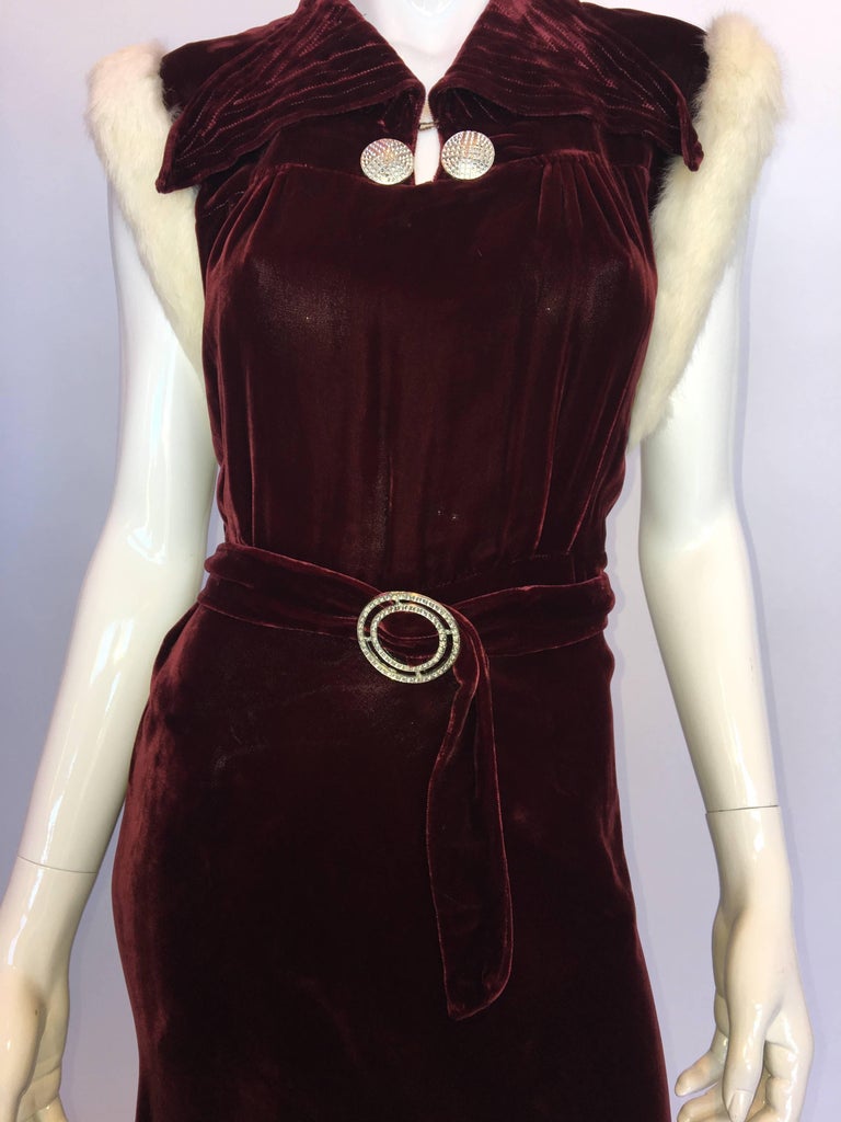 Vintage 1930's Burgundy Velvet Dress with Rabbit Fur Trimmed Sleeves