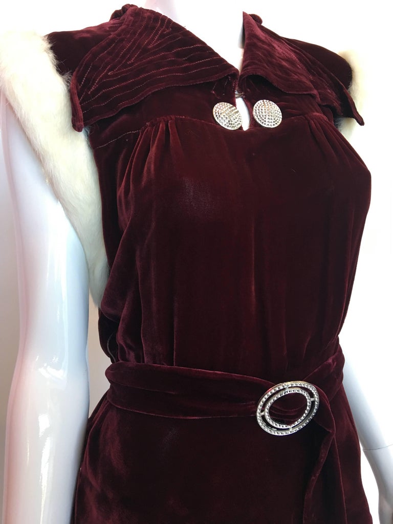 Vintage 1930's Burgundy Velvet Dress with Rabbit Fur Trimmed Sleeves