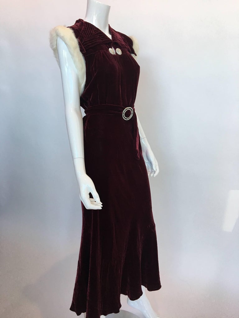 Vintage 1930's Burgundy Velvet Dress with Rabbit Fur Trimmed Sleeves