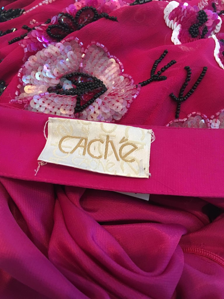 Cache 1980's Fuschia Floral Beaded Silk Cropped Lounge Pants