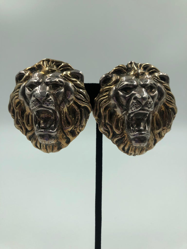 1980's Sterling Silver Lion Face Clip On Earrings
