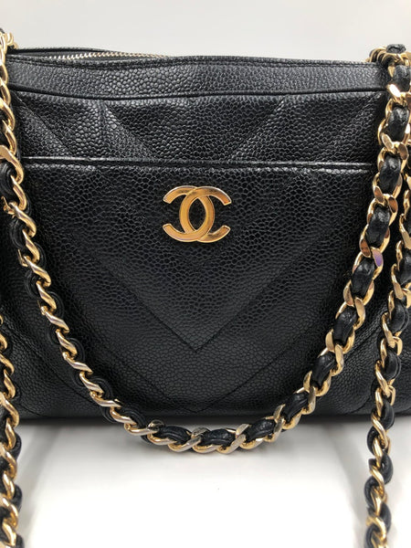 CHANEL Caviar Large Chain Shoulder Bag Leather Black Zip Goldper