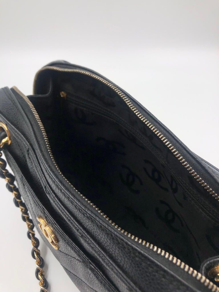 Chanel Black Quilted Chevron Caviar Leather Zip Chain Shoulder Bag