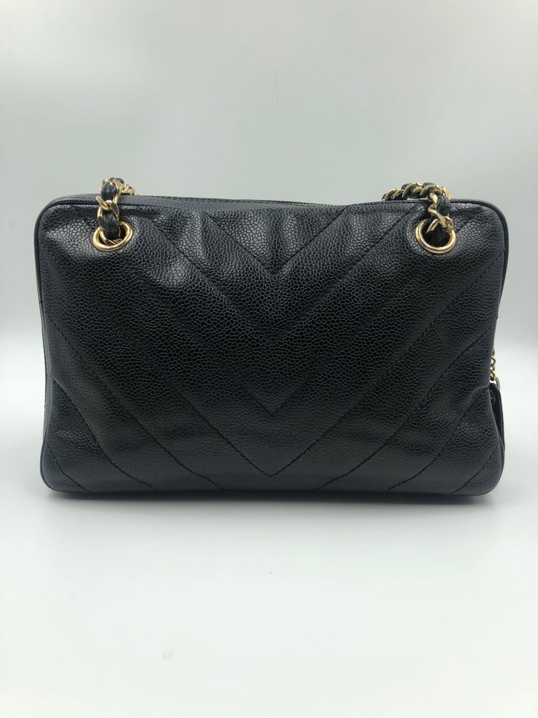 Chanel Black Quilted Chevron Caviar Leather Zip Chain Shoulder Bag