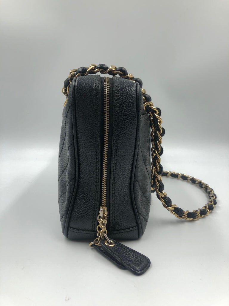 Chanel Black Quilted Chevron Caviar Leather Zip Chain Shoulder Bag