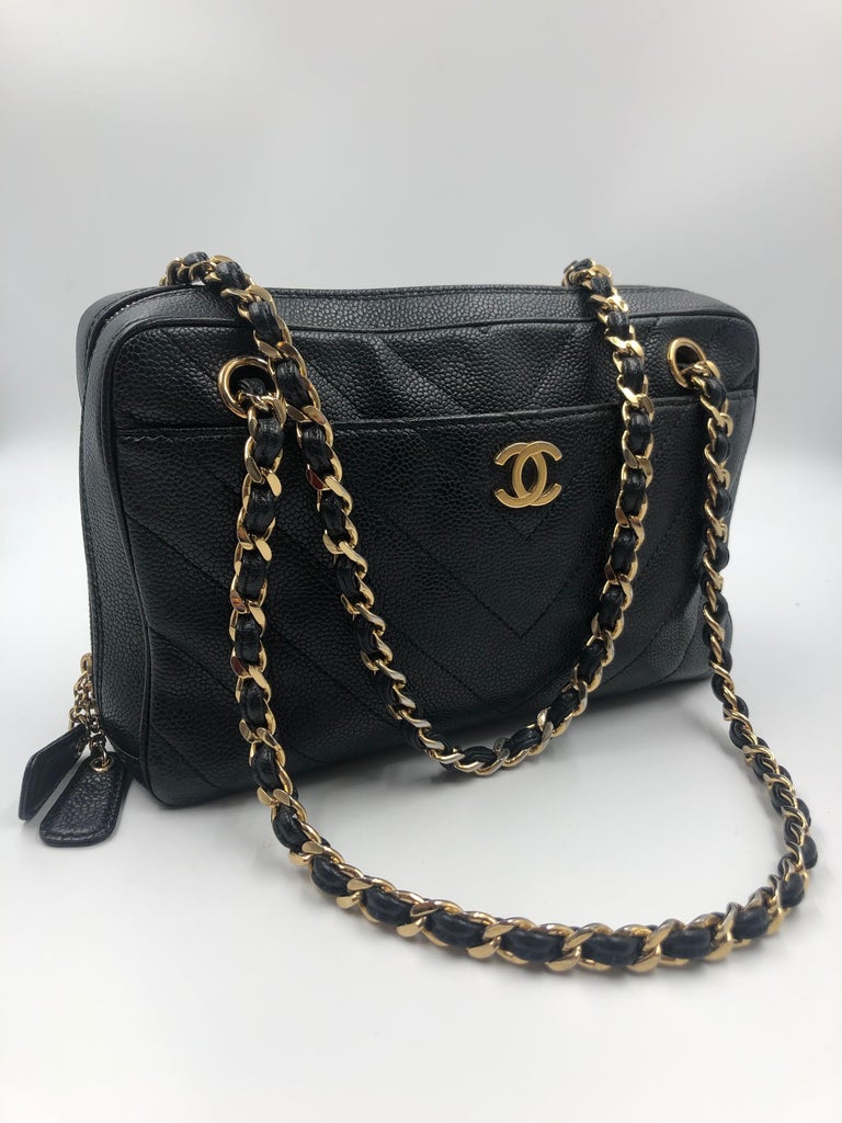 Chanel Black Quilted Chevron Caviar Leather Zip Chain Shoulder Bag
