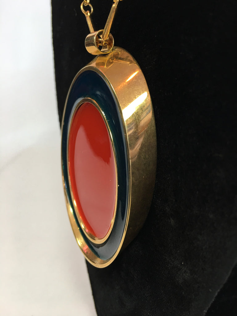 Guy Laroche Gold Tone Necklace with Red + Navy Enamel Plated Oval Pendant