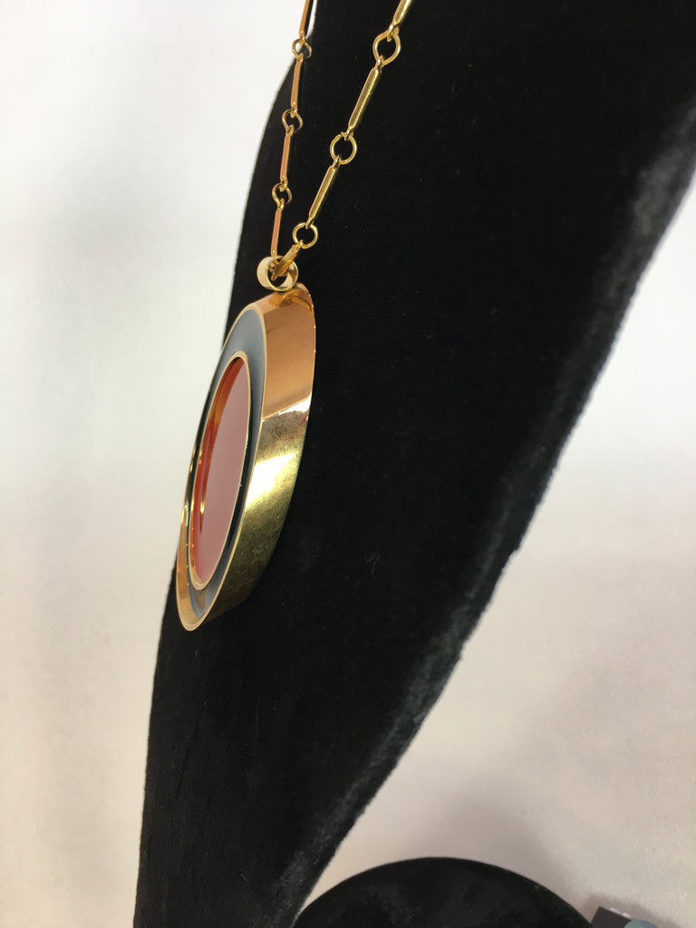 Guy Laroche Gold Tone Necklace with Red + Navy Enamel Plated Oval Pendant