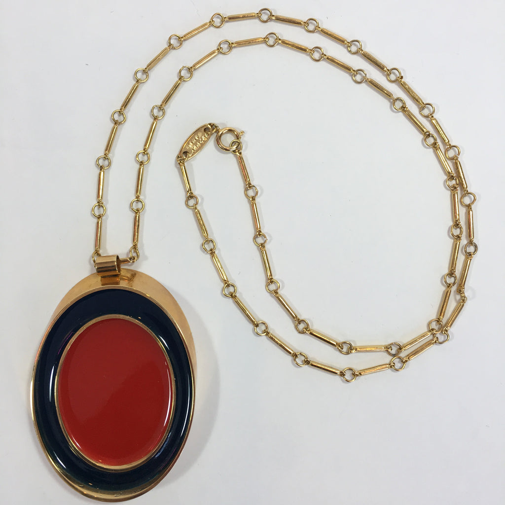 Guy Laroche Gold Tone Necklace with Red + Navy Enamel Plated Oval Pendant