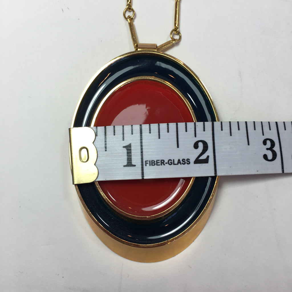 Guy Laroche Gold Tone Necklace with Red + Navy Enamel Plated Oval Pendant