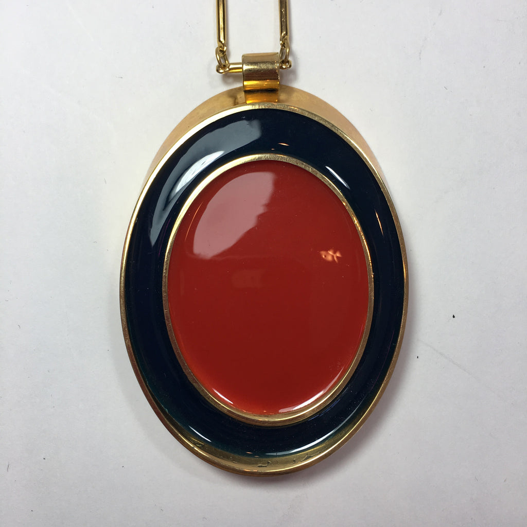 Guy Laroche Gold Tone Necklace with Red + Navy Enamel Plated Oval Pendant