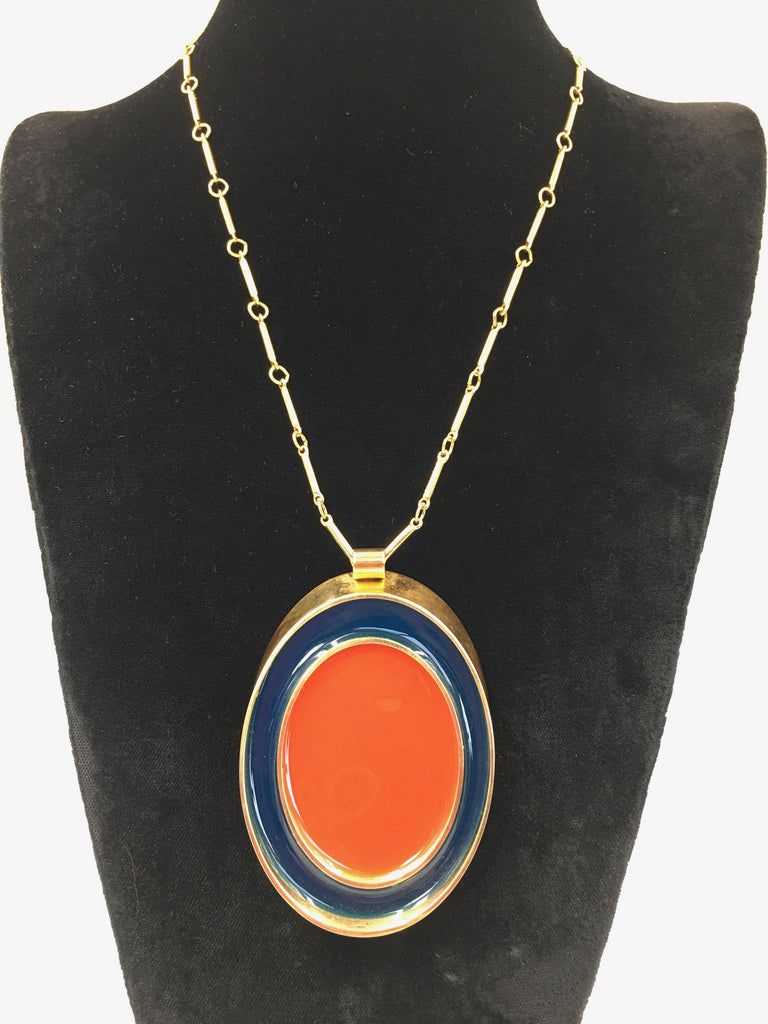 Guy Laroche Gold Tone Necklace with Red + Navy Enamel Plated Oval Pendant