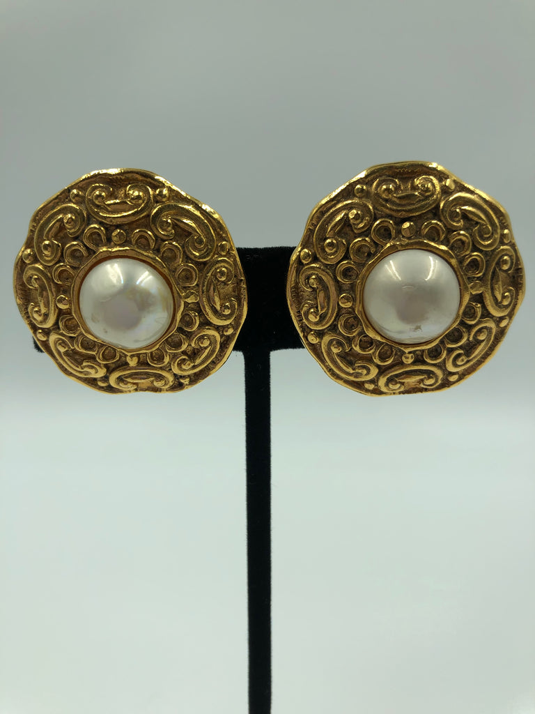 Chanel Gold Tone and Faux Pearl Clip On Earrings