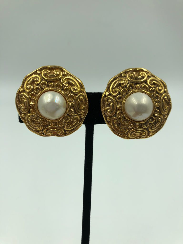 Chanel Gold Tone and Faux Pearl Clip On Earrings