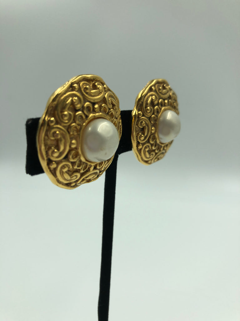 Chanel Gold Tone and Faux Pearl Clip On Earrings