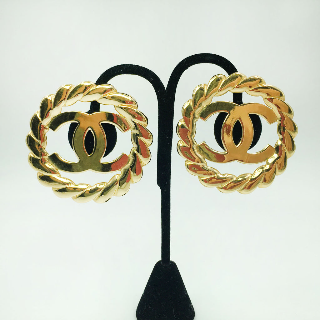 Chanel Gold Tone CC Logo/Chain Statement Clip On Earrings