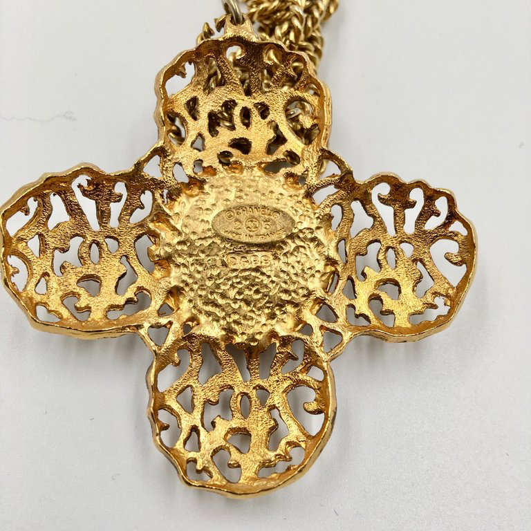 Chanel Antique Gold Tone CC Logo Cross Pendant with Pate de Verre Poured Glass Center by Maison Gripoix