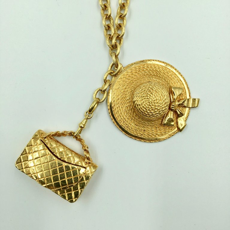 Chanel Gold Tone Classic Coco Chanel Chapeau and Quilted Handbag Charm Necklace