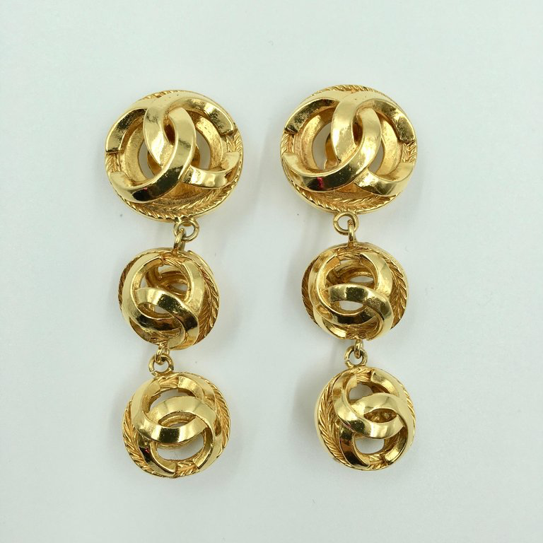 Chanel Gold Tone CC Logo Drop Clip On Earrings