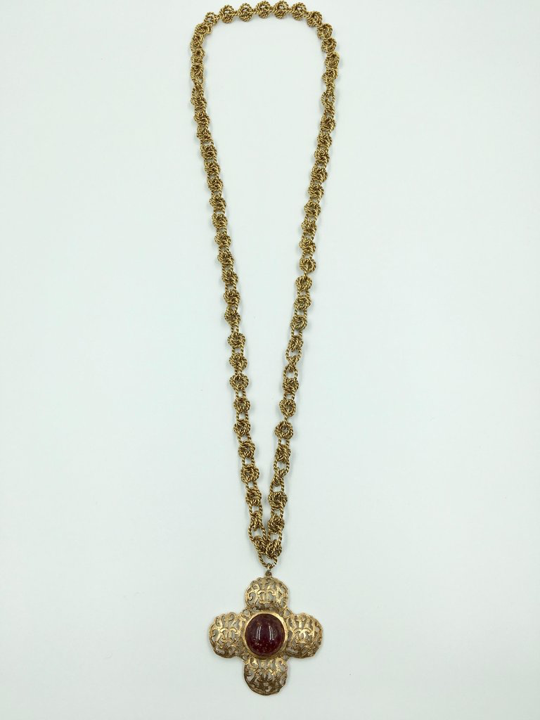 Chanel Antique Gold Tone CC Logo Cross Pendant with Pate de Verre Poured Glass Center by Maison Gripoix