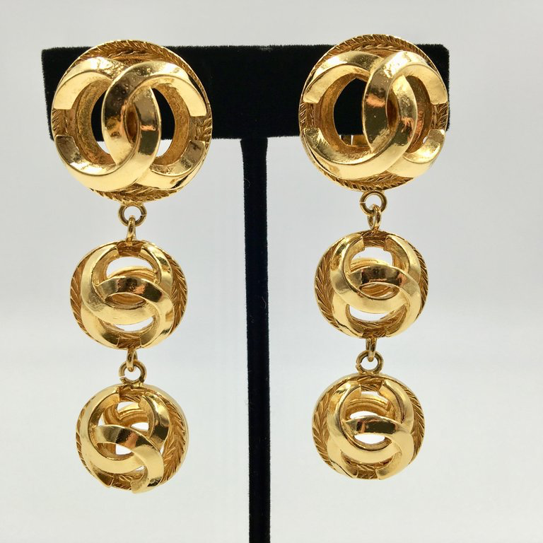 Chanel Gold Tone CC Logo Drop Clip On Earrings