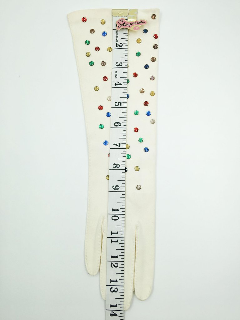 Schiaparelli by Fownes Cream Gloves w Hand Sewn Beaded Rhinestones Orignal tag