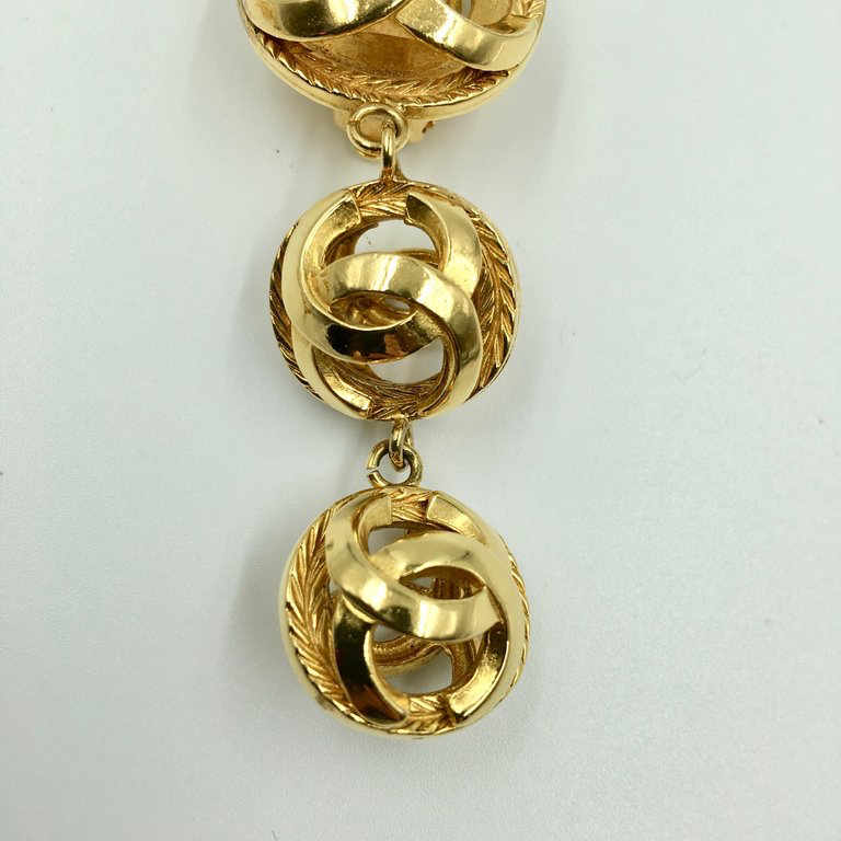 Chanel Gold Tone CC Logo Drop Clip On Earrings