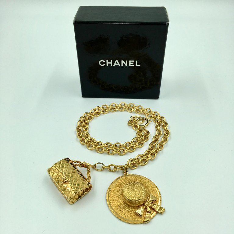 Chanel Gold Tone Classic Coco Chanel Chapeau and Quilted Handbag Charm Necklace