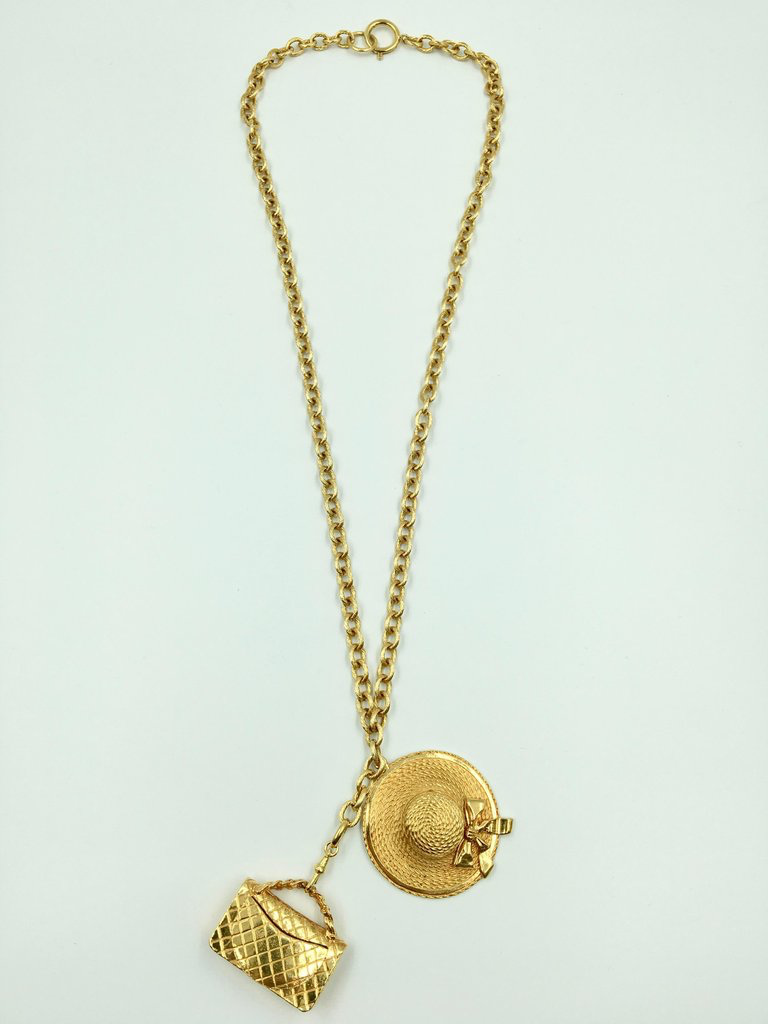 Chanel Gold Tone Classic Coco Chanel Chapeau and Quilted Handbag Charm Necklace
