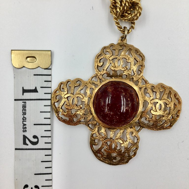 Chanel Antique Gold Tone CC Logo Cross Pendant with Pate de Verre Poured Glass Center by Maison Gripoix