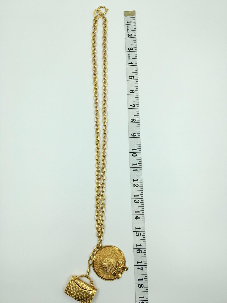 Chanel Gold Tone Classic Coco Chanel Chapeau and Quilted Handbag Charm Necklace