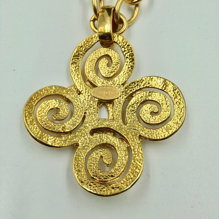 Chanel Gold Tone CC Logo Swirl Cross Necklace