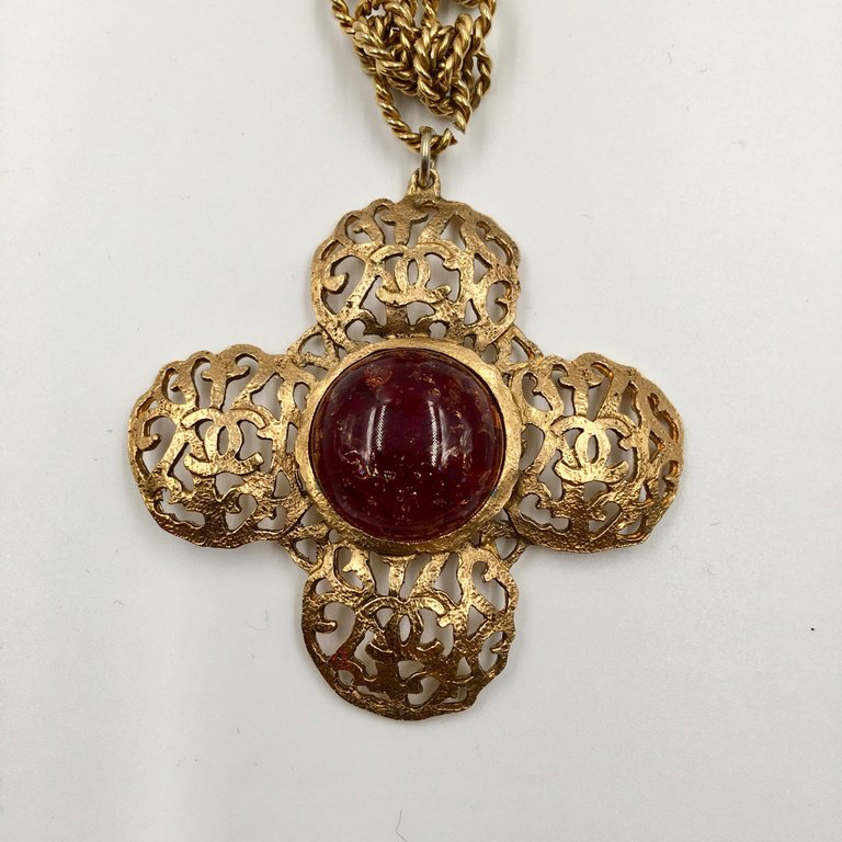 Chanel Antique Gold Tone CC Logo Cross Pendant with Pate de Verre Poured Glass Center by Maison Gripoix