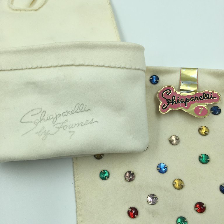 Schiaparelli by Fownes Cream Gloves w Hand Sewn Beaded Rhinestones Orignal tag