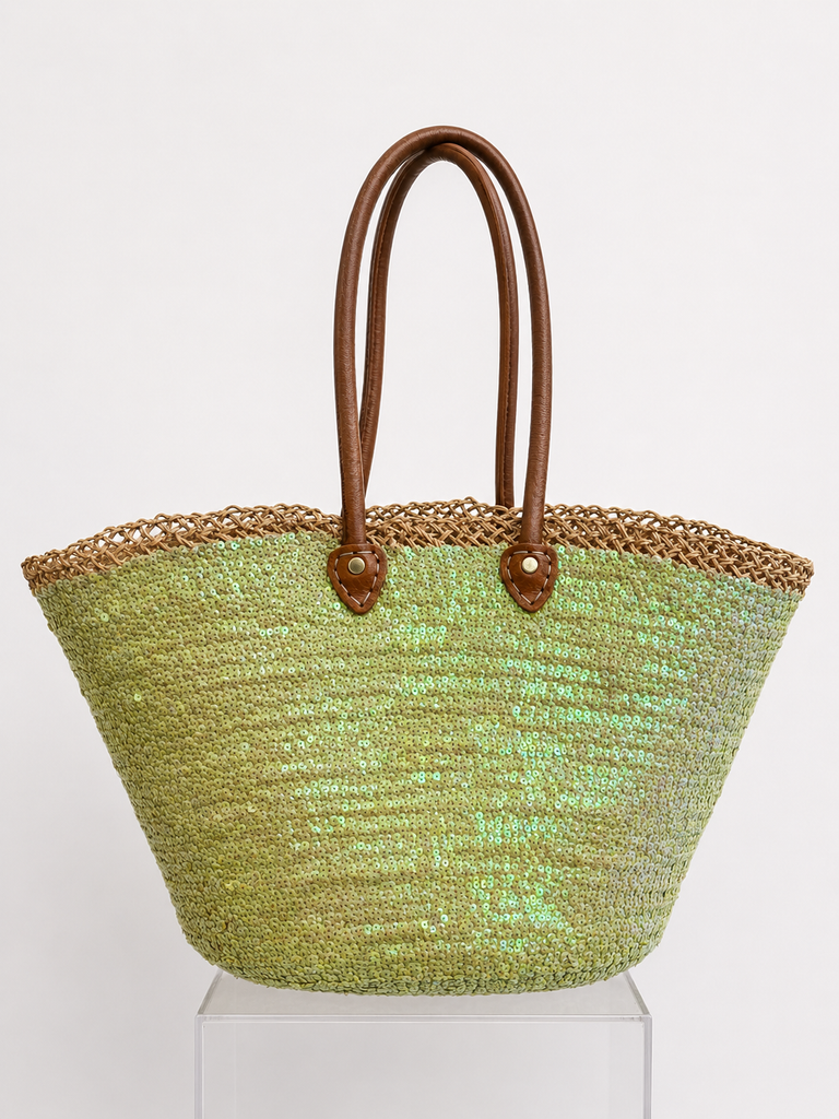 Straw Sequined Heart Tote