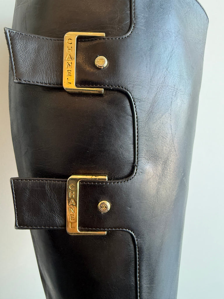 Chanel Black Leather Knee High Boot with Gold Buckles