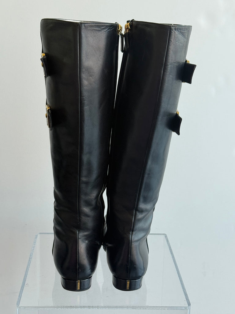 Chanel Black Leather Knee High Boot with Gold Buckles